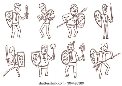 Financial warriors set, line art,vector