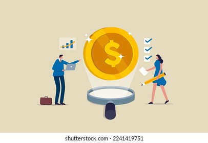 Financial Wealth. Company sheet or company profit. Investment professional or financial literacy. Business men and women analyzing the dollar. Illustration