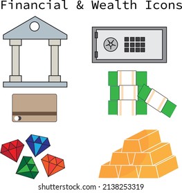 Financial and wealth icon set containing bank, gems, banknotes,  gold , safe and credit card - Illustration , vector 
