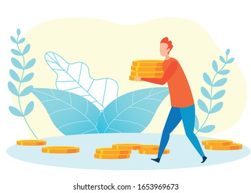 Financial Wealth Metaphor Flat Vector Illustration. Man, Worker Carrying Golden Coins Cartoon Character. Earning Money, Increasing Income, Savings. Finance Analyst, Investment Expert Growing Profit