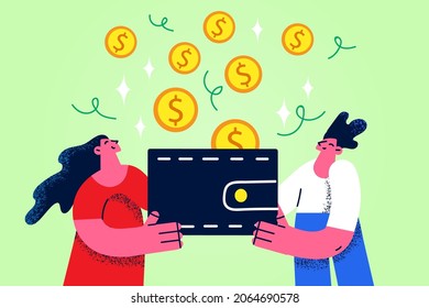 Financial wealth, savings, profit concept. Positive woman and man cartoon characters holding purse with flying coins going into wallet vector illustration 