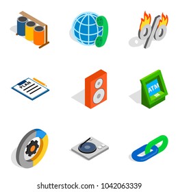 Financial web icons set. Isometric set of 9 financial web vector icons for web isolated on white background