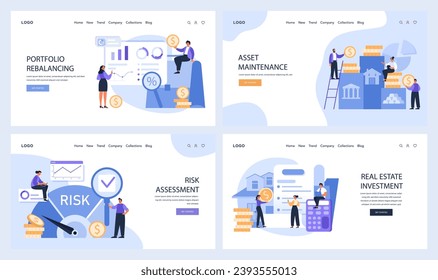 Financial webpage web or landing set. Showcasing tools for portfolio rebalancing, asset maintenance, risk evaluation, and real estate investment. Flat vector illustration