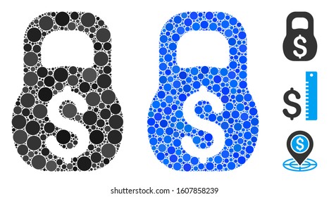 Financial weight composition of spheric dots in variable sizes and shades, based on financial weight icon. Vector round dots are combined into blue composition.