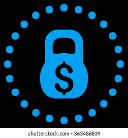 Financial Weight vector icon. Style is flat circled symbol, blue color, rounded angles, black background.