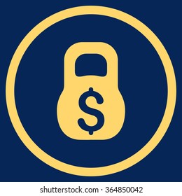 Financial Weight vector icon. Style is flat circled symbol, yellow color, rounded angles, blue background.