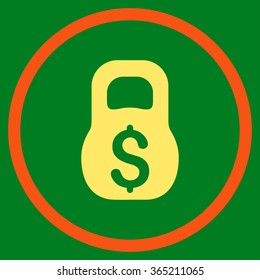 Financial Weight vector icon. Style is bicolor flat circled symbol, orange and yellow colors, rounded angles, green background.