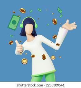 Financial well-being. 3D stylized woman showing ok gesture with flying money