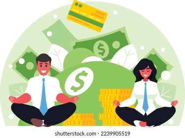 Concepto de bienestar financiero. Empleados haciendo yoga. Cargar para aumentar la energía del cuerpo. Gráficos vectoriales