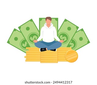 Financial wellbeing, financial guru concept. Man sits in lotus pose on a stack of gold coins with dollar banknotes on the background. Meditating on money, success, cashback