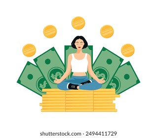 Financial wellbeing, financial guru. Woman sits in lotus pose on a stack of gold coins with dollar banknotes on the background. Gold coins hover in the air. Meditating on money, success, cashback