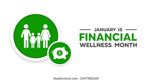 Financial Wellness Month. Family and piggy. Great for cards, banners, posters, social media and more. White background.