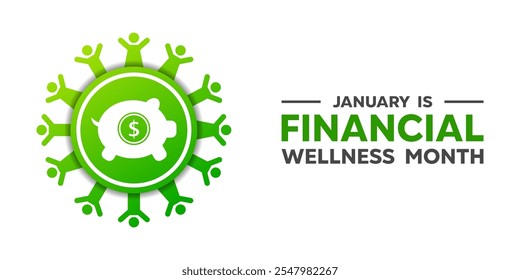 Financial Wellness Month. Peoples and piggy. Great for cards, banners, posters, social media and more. White background.