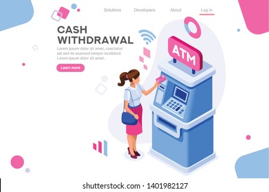 Financial, Withdrawal Cash. Human Queue at ATM, Web Cashbox, Machine Transaction, can use for Web Banner, Infographics, Hero Images. Flat Isometric Vector Illustration Isolated on White Background