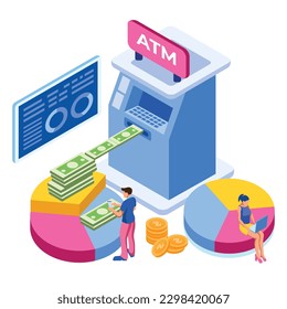 Financieros, dinero de retiro. Cola humana en atm, caja web, transacción de máquina, puede usar para banner web, infografías, imágenes de héroes. Ilustración vectorial isométrica plana aislada en fondo blanco