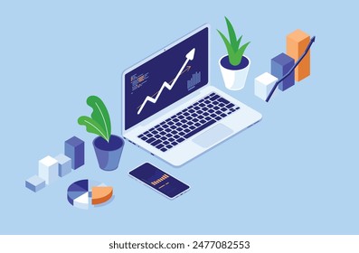 Trabajo financiero en la computadora - Laptop con flecha ascendente en la pantalla, gráficos y gráficos. Financia el concepto de crecimiento y ocupación en Ilustración vectorial de vista isométrica de diseño plano