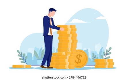 Financial worker making money - Businessman with stack of coins, earning and getting rich. Business income concept, vector illustration with white background.