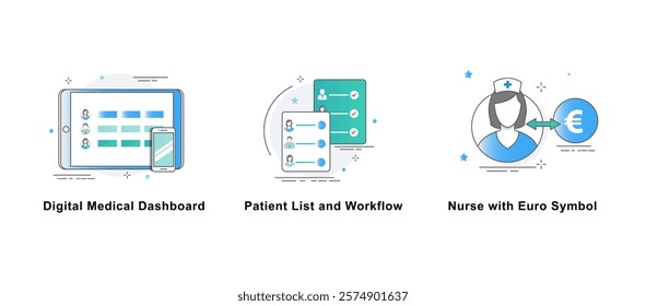 Financial and Workflow Management. Nurse with Euro Symbol, Patient List and Workflow, Digital Medical Dashboard