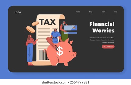 Financial Worries concept. Individuals confront tax challenges and saving dilemmas. The struggle with fiscal responsibilities and budgeting. Vector illustration.