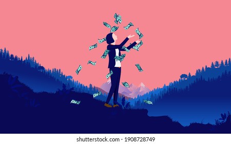 Financially independent woman - Female person standing on hill in landscape with lots of money. Rich and wealthy concept. Vector illustration.