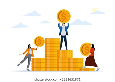 Financially rich. Leadership achievements in finance. Financial professional or banker. Businessman and employee standing on gold coins. flat vector illustration on a white background.