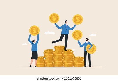 Financially wealthy. Leadership achievements in finance. Financial professionals or bankers.
Businessman and employees standing on gold coins.