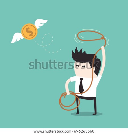 Financials concept, Businessman chasing flying money by rope 
