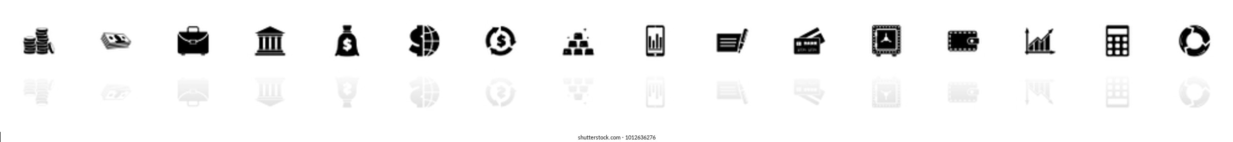 Financical icons - Black horizontal Illustration symbol on White Background with a mirror Shadow reflection. Flat Vector Icon.