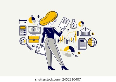 Financier analyzing financial data vector outline illustration, investment and budget issues, financial adviser, investor.