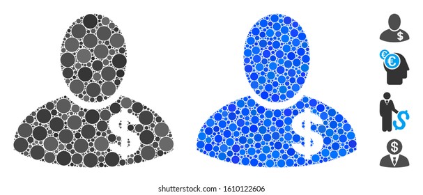 Financier composition of filled circles in variable sizes and color hues, based on financier icon. Vector filled circles are organized into blue collage.