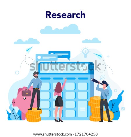 Financier concept. Business character making banking operations and research. Building budget. Isolated flat vector illustration