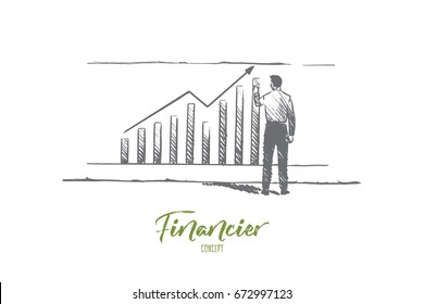 Financier concept. Hand drawn businessman builds graphics. Male financier analyst isolated vector illustration.