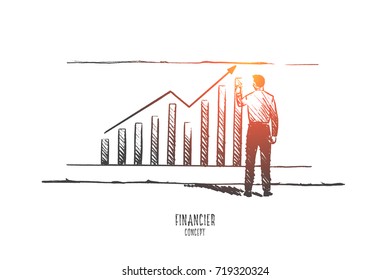 Financier concept. Hand drawn businessman builds graphics. Male finane analyst isolated vector illustration.