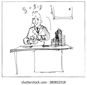 Financier counting the cash. Vector sketch. 