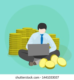 financier man earning money online economics freelancer illustration flat design coin mining