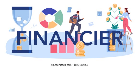 Financier typographic header. Business character making banking operations and control. Financial managemet, control and modeling. Isolated flat vector illustration