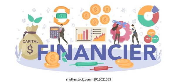 Financier typographic header. Business character making banking operations and exchange control. Financial managemet, analysis, and budgeting. Flat vector illustration