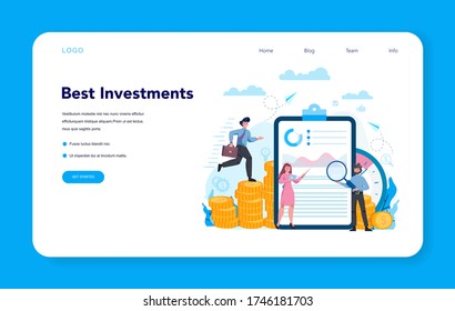 Financier web banner or landing page concept. Business character financial advisor making best investment. Building budget of company. Isolated flat vector illustration