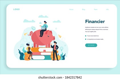 Financier web banner or landing page concept. Business character financial advisor making best investment. Building budget of company. Isolated flat vector illustration