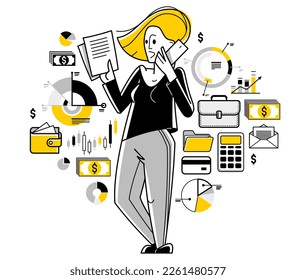 Financiero que trabaja con gráficos y barras de ilustración de contorno vectorial, contable femenino que trabaja con datos financieros, asesor analista que trabaja con inversiones. 