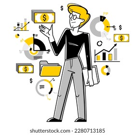 Financier arbeitet mit Diagrammen und Balken Vektorgrafik, Buchhalter arbeitet mit Finanzdaten, Analytiker Berater arbeitet mit Investitionen. 