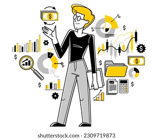 Financiero trabajando con gráficos y barras de ilustración de contorno vectorial, contador trabajando con datos financieros, asesor analista trabajando con inversión. 