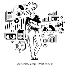 Financier working with charts and bars vector outline illustration, accountant working with financial data, analyst adviser working with investment. 