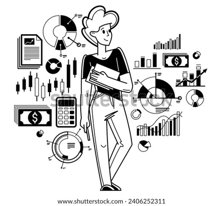 Financier working with charts and bars vector outline illustration, accountant working with financial data, analyst adviser working with investment. 
