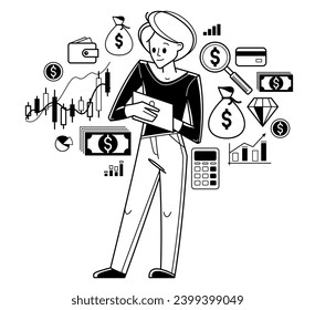 Financier working with finances online vector outline illustration, investment and tax and budget managing online on a web or mobile, funds administration.
