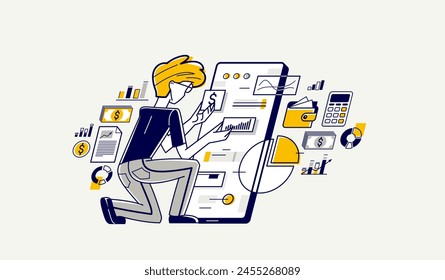 Financier working with finances online vector outline illustration, investment and tax and budget managing online on a web or mobile, funds administration.