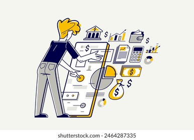 Financier working with finances online vector outline illustration, investment and tax and budget managing online on a web or mobile, funds administration.