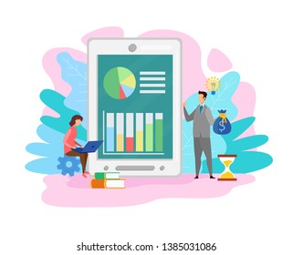 Financiers, Bankers, Analysts Vector Characters. Digital Marketing, Online Trading, E-commerce Flat Illustration. Cartoon Brokers, Traders, Marketers Analyzing Diagram. Chart on Tablet Screen