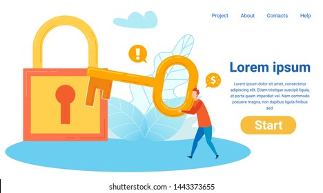 Financiers Secrets Flat Landing Page Template. Finance Expert Unlocking Huge Padlock with Key. Cartoon Banker, Investment Analyst Having Income Increasing Idea. Financial Consultancy Website Layout