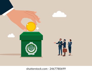 Financing Arab League . Hand putting coin a piggy bank money savings League of Arab States. Modern vector illustration in flat style